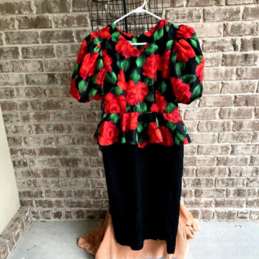 Mr. Mort Dress Black Red Floral  Puff Sleeves Wedding Party Art Deco VTG…
